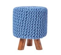 Homescapes Blue Tall Cotton Knitted Footstool On Legs
