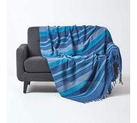 HOMESCAPES Blue Throw “Morocco” Cotton Textured Stripe Throw 150 x 200 cm Bedspread Sofa Throw Handmade Suitable for Armchairs and 2 Seater Sofas or Single and Double Beds Machine Washable