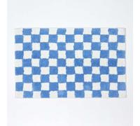HOMESCAPES Super Absorbent Soft 100% Cotton ‘Brighton’ Blue and White Bathmat with Checkerboard Geometric Pattern and Non Slip Latex Backing, 50 x 80 cm Large Shower Mat Washable