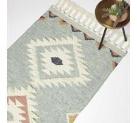 HOMESCAPES Blue & White Handwoven Kilim Rug 160 x 230 cm Wool & Cotton Living Room Area Rug ‘Tenali’ with Geometric Pattern & Tassels