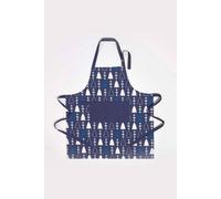 HOMESCAPES Blue Christmas Apron 100% Cotton Christmas Tree Design Adjustable Xmas Pattern Apron with Pocket