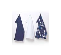 HOMESCAPES Set of 3 Blue Tea Towels Christmas Tree Pattern 100% Cotton Christmas Winterland Super Absorbent Xmas Kitchen Towels