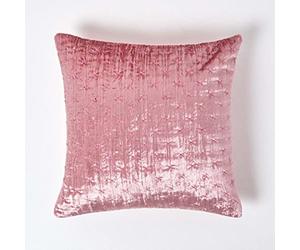 HOMESCAPES Blush Pink 40 x 40 cm Crushed Velvet Cushion Cover with Embroidered Design Super Soft Dusky Pink Luxury Decorative Square Scatter Cushion Throw Pillow for Sofa or Bed with Zip Closure
