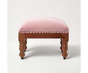 HOMESCAPES Blush Pink Velvet Footstool 50 x 30 cm Rectangular Pouffe on Solid Wood Legs 40 cm Tall Ottoman Style Upholstered Footrest