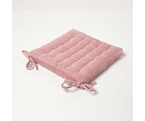 HOMESCAPES Blush Pink Velvet Seat Pad for Dining Chair 40 x 40 cm Super Soft 100% Cotton Quilted Velvet Chair Pad with Straps Indoor & Outdoor Garden Use for Lasting Comfort & Support
