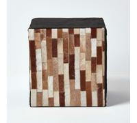 HOMESCAPES Brown and Black Patchwork Cube Pouffe Suede Leather - 36 x 36 x 38 cm - Brown
