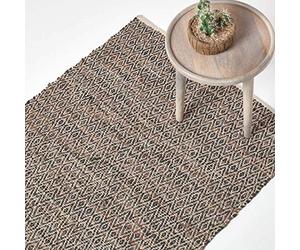 HOMESCAPES Brown Genuine Leather Rug Handwoven Diamond Design Recycled Eco Friendly Real Leather Rug, 90 x 150 cm