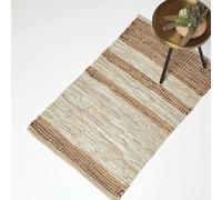 HOMESCAPES Brown Genuine Leather Rug Handwoven Stripe Design Recycled Eco Friendly Real Leather Rug, 60 x 90 cm