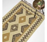 HOMESCAPES Brown & Gold Handwoven Kilim Rug 90 x 150 cm Jute & Wool Living Room Area Rug ‘Ravar’ with Traditional Geometric Pattern & Tassels