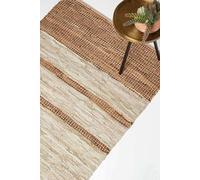 HOMESCAPES Brown Genuine Leather Rug Handwoven Stripe Design Recycled Eco Friendly Real Leather Rug, 120 x 170 cm