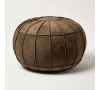 Homescapes Brown Leather & Suede Round Pouffe Footstool