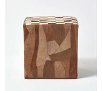 Check Cube Pouffe Leather and Suede 36 x 36 x 38 cm Homescapes Brown One Size