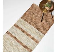 Homescapes Brown Recycled Leather Handwoven Stripe Rug, 66 X 200 Cm