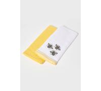 HOMESCAPES Yellow Tea Towels 100% Cotton Set of 2 Waffle Teatowels Super Absorbent Lint Free Kitchen Towels with Embroidered “Bumble Bee” Design, 40 x 60 cm
