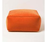 HOMESCAPES Burnt Orange Velvet Pouffe Cube 60 x 60 cm Square Bean Bag with 100% Cotton Velvet Cover & Piped Edging Large Plush Footstool for Living Room