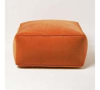HOMESCAPES Burnt Orange Velvet Pouffe Cube 60 x 60 cm Square Bean Bag with 100% Cotton Velvet Cover & Piped Edging Large Plush Footstool for Living Room