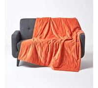 HOMESCAPES Burnt Orange Velvet Throw Super Soft Thick Cotton Velvet Blanket with Handwoven Embroidered Dots and Thick Quilting Reversible Bedspread Cosy and Warm Bed or Sofa Throw, 125 x 150 cm