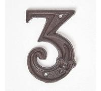 HOMESCAPES Cast Iron Door Number 3 Decorative Antique Brown Finish House Number with Fleur De Lis Traditional Hand Cast Design H 11.8 x W 8 cm