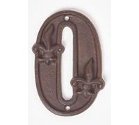 HOMESCAPES Cast Iron Door Number 0 Decorative Antique Brown Finish House Number with Fleur De Lis Traditional Hand Cast Design H 11.8 x W 8 cm