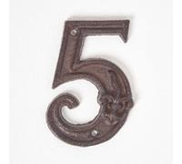 HOMESCAPES Cast Iron Door Number 5 Decorative Antique Brown Finish House Number with Fleur De Lis Traditional Hand Cast Design H 11.8 x W 8 cm