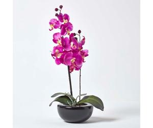 HOMESCAPES Cerise Orchid with Silk Flowers in Black Round Planter Pot 54 cm tall - Artificial Flowers and Plants for Indoor Decoration
