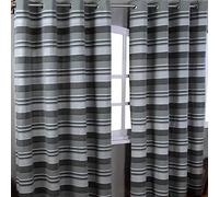 HOMESCAPES Charcoal Grey Eyelet Curtain Pair 137cm (54") Wide x 137cm (54") Drop Morocco Stripe Design Ring Top Curtain Pair