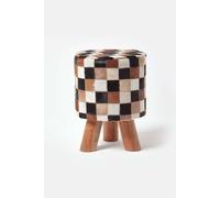 Homescapes Cream Brown and Tan Hide Check Stool with Wooden Legs