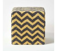 HOMESCAPES Chevron Cube Pouffe Tufted Cotton - 36 x 36 x 38 cm - Grey & Yellow