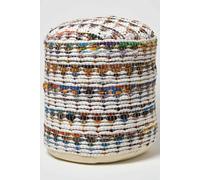 Homescapes Chindi Pattern Woven Bean Filled Pouffe Circular In Cream Cream
