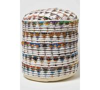 Homescapes Chindi Pattern Woven Bean Filled Pouffe Circular in Cream Homescapes Cream