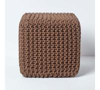 Homescapes Chocolate Brown Cube Cotton Knitted Pouffe Footstool