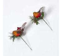 HOMESCAPES Christmas Artificial Flowers for Decoration, Set of 2, Faux Berries Pinecones Realistic Robin, Xmas Fake Silk Flowers, Festive Plastic Floral Arrangements Indoor Outdoor Home Party Decor
