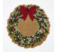 HOMESCAPES Christmas Door Mat, Festive Wreath Round Coir Door Mats, Non-slip PVC Backing, Durable Heavy Duty Dirt-Trapper Xmas Doormat Indoor Outdoor Use for Entryways, Front door & Entrances 50x50cm