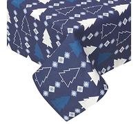 HOMESCAPES Christmas Table Cloth, Cotton Round Tablecloth, Handcrafted & Durable Dining Table Cover with Hem Stitch, Hypoallergenic, Washable, Blue Winterland Trees - 178cm
