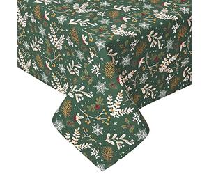 HOMESCAPES Christmas Table Cloth, Cotton Round Tablecloth, Handcrafted & Durable Dining Table Cover with Hem Stitch, Hypoallergenic, Washable, Green Floral Festive Forest - 178cm