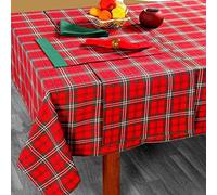 HOMESCAPES Christmas Tablecloth, Rectangular Cotton Xmas Table Cloth, Edward Tartan Check, Handcrafted & Durable Festive Dining Table Cover with Hem Stitch, Hypoallergenic, Washable -140 x 230cm