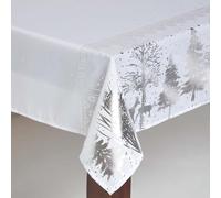 HOMESCAPES Christmas Tablecloth, Rectangular Cotton Xmas Table Cloth, Handcrafted & Durable Festive Dining Table Cover with Hem Stitch, Hypoallergenic, Washable, Sparkling Silver Tree -137x178cm
