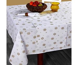 HOMESCAPES Christmas Tablecloth, Rectangular Cotton Xmas Table Cloth, Handcrafted & Durable Festive Dining Table Cover with Hem Stitch, Hypoallergenic, Washable, White & Gold Snowflake 137 x 178cm