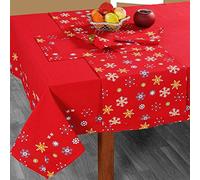 HOMESCAPES Christmas Tablecloth, Rectangular Cotton Xmas Table Cloth, Handcrafted & Durable Festive Snowflake Dining Table Cover with Hem Stitch, Hypoallergenic, Washable, Red -137x178cm