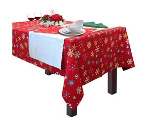 HOMESCAPES Christmas Tablecloth, Rectangular Cotton Xmas Table Cloth, Handcrafted & Durable Festive Snowflake Dining Table Cover with Hem Stitch, Hypoallergenic, Washable, Red White Yellow - 137x178cm