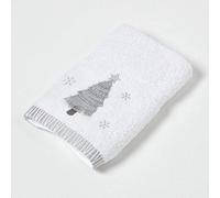 HOMESCAPES Christmas Tree Embroidered Christmas Towel 100% Cotton White Hand Towel with Decorative Silver Tree Festive Design SIZE Guest Towel for Bathroom or Xmas Gift