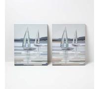 HOMESCAPES Coastal Canvas Wall Art Set, 2 Pieces, 40x50cm each, Grey Blue White Seaside Scenes