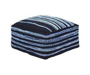HOMESCAPES Contemporary Style Striped Square Bean Filled Pouffe 'Texas' Navy & Light Blue Denim & Leather Footstool, 60 cm Square