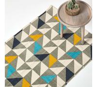 HOMESCAPES Copenhagen Blue, Yellow and Grey 100% Cotton Geometric Style Scandi Printed Rug - 120 x 170 cm