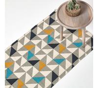 Homescapes Copenhagen Blue, Yellow And Grey 100% Cotton Geometric Style Scandi Printed Rug, 66 X 200 Cm