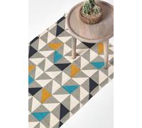 HOMESCAPES Copenhagen Blue, Yellow and Grey 100% Cotton Geometric Style Scandi Printed Rug - 66 x 200 cm