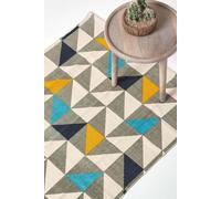 HOMESCAPES Copenhagen Blue, Yellow and Grey 100% Cotton Geometric Style Scandi Printed Rug - 90 x 150 cm