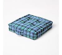 HOMESCAPES - Black Watch Tartan - 100% Cotton - Large Floor Cushion - Geen Blue Black - 50 x 50 x 10 cm Square - Indoor - Garden - Dining Chair Booster - Seat Pad Cushion