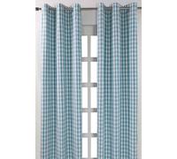 Cotton Block Check Gingham Eyelet Curtain Pair Homescapes Blue 140cm width x 229cm drop