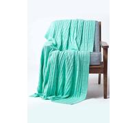HOMESCAPES Pastel Green Cable Knit Throw 130 x 170 cm Combed Cotton Soft and Cosy Blanket Bed and Sofa Throw For Armchairs and Single Beds